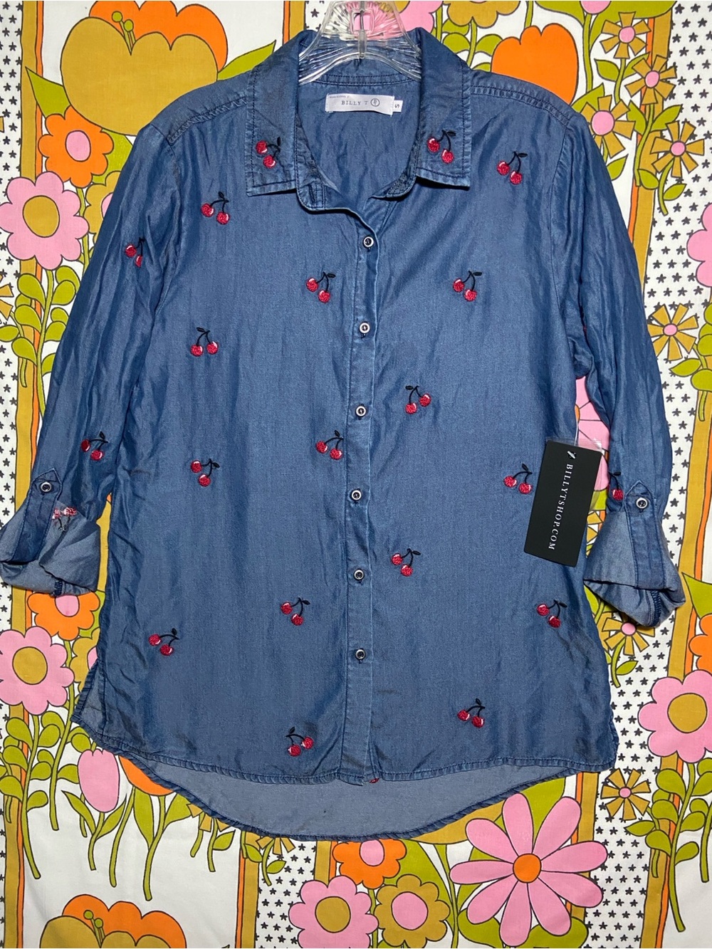 🍒 NWT Cherry-Print Chambray Button Down Blouse